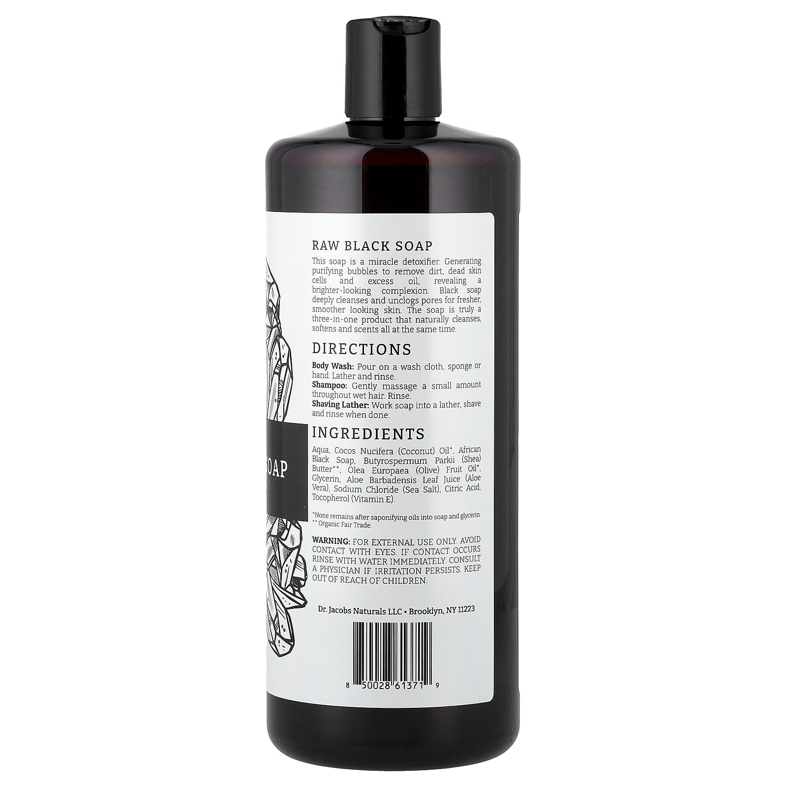 Dr Jacobs Naturals Authentic African Raw Black Soap Body Wash All-In-One Liquid Soap for Face, Body and Hair, 32 Oz.