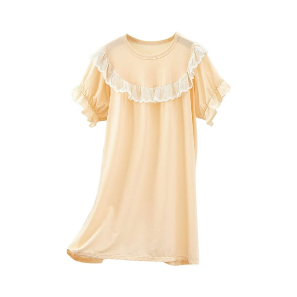 Odeerbi Camisón Verano Niñas Camisón Algodón Encaje Midi Camisón Manga Corta Cuello Redondo Princesa Vestido Dormir