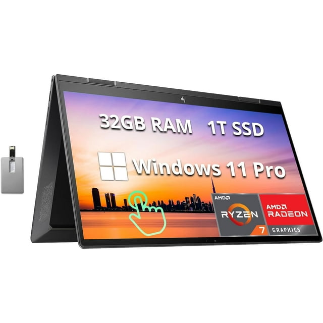 HP Envy x360 2-in-1 15.6" FHD Touchscreen Laptop, AMD Ryzen 7 5825U, 32GB RAM, 1TB PCIe SSD, Backlit Keyboard, AMD Radeon Graphics, 5MP IR Camera, Win 11 Pro, Black, 32GB Hotface USB Card (Renewed)