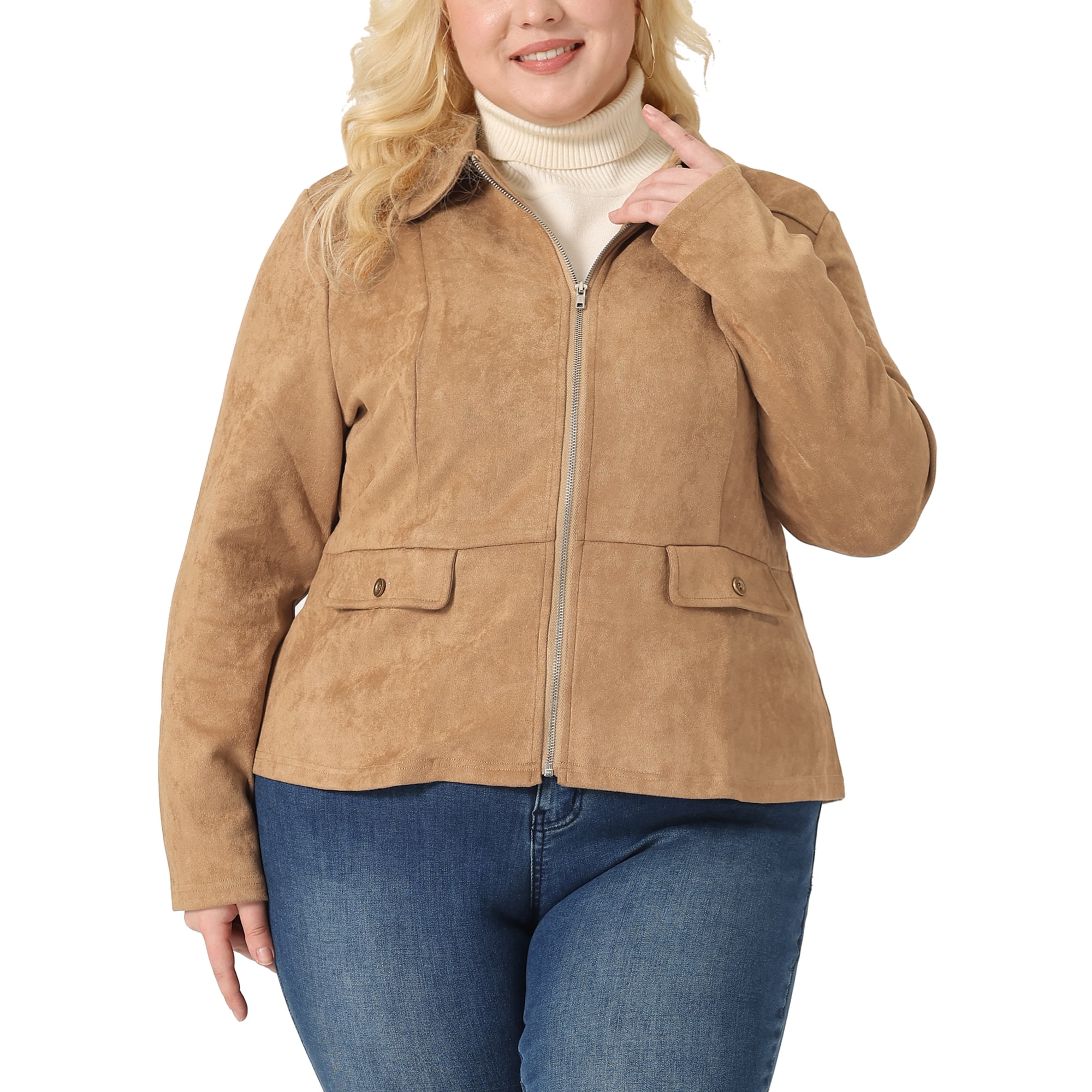 Unique Bargains Grande Taille des Vestes en Daim pour les Femmes Revers Poches a Rabat Zip jusqu a Fausse Veste en Daim Kaki 1X Walmart