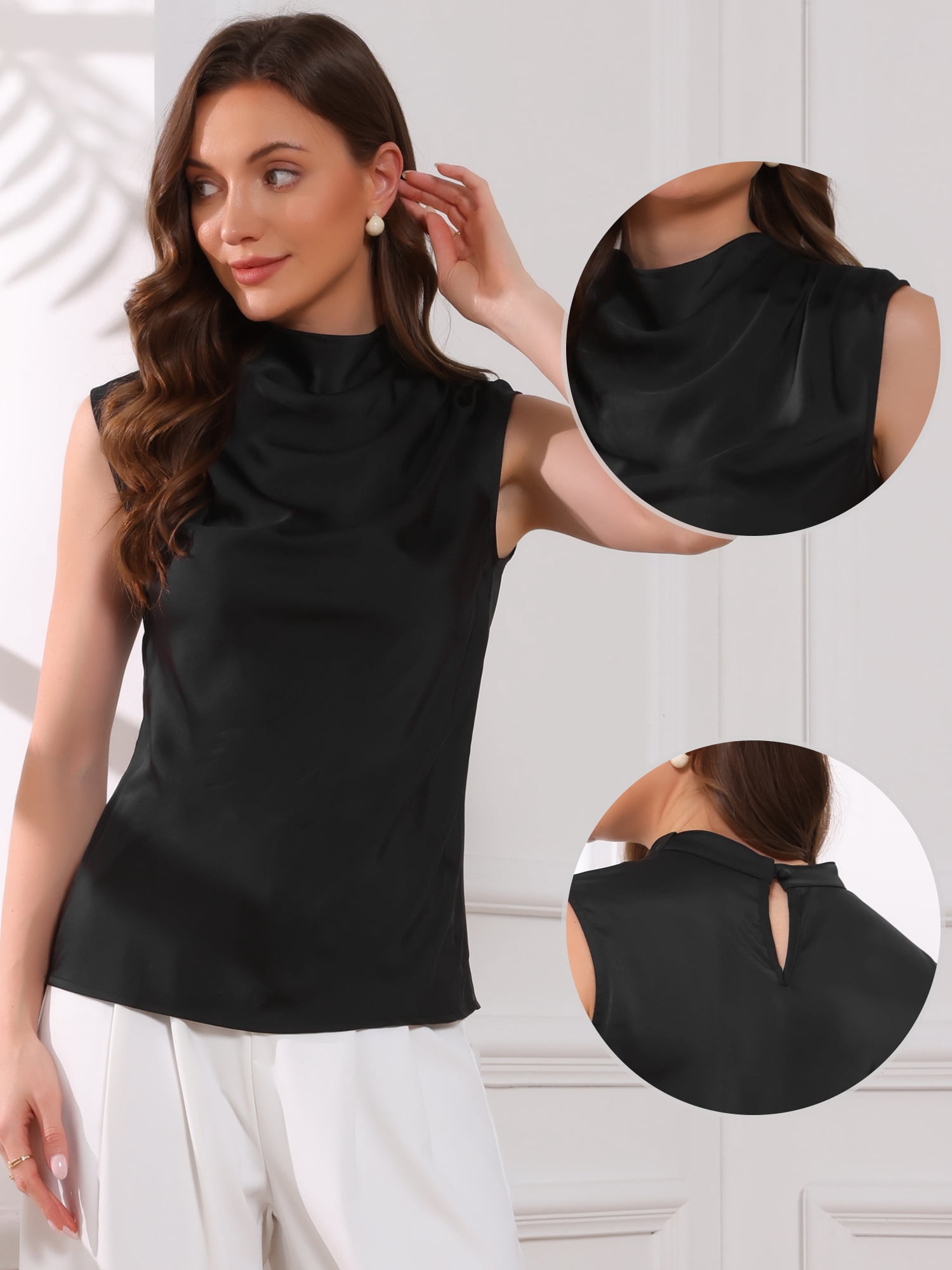 DARING DIVA Women's Sleeveless Satin Tank Mock Cowl Neck Ruched Blouse L Black
