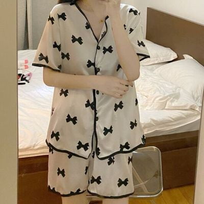 

PIKADINGNIS Womens Sleepwear Set Sexy Cute Print Short Set Pajamas for Women Silk Pajama Set Sweet Short Sleeve Top & Shorts Summer Pijamas