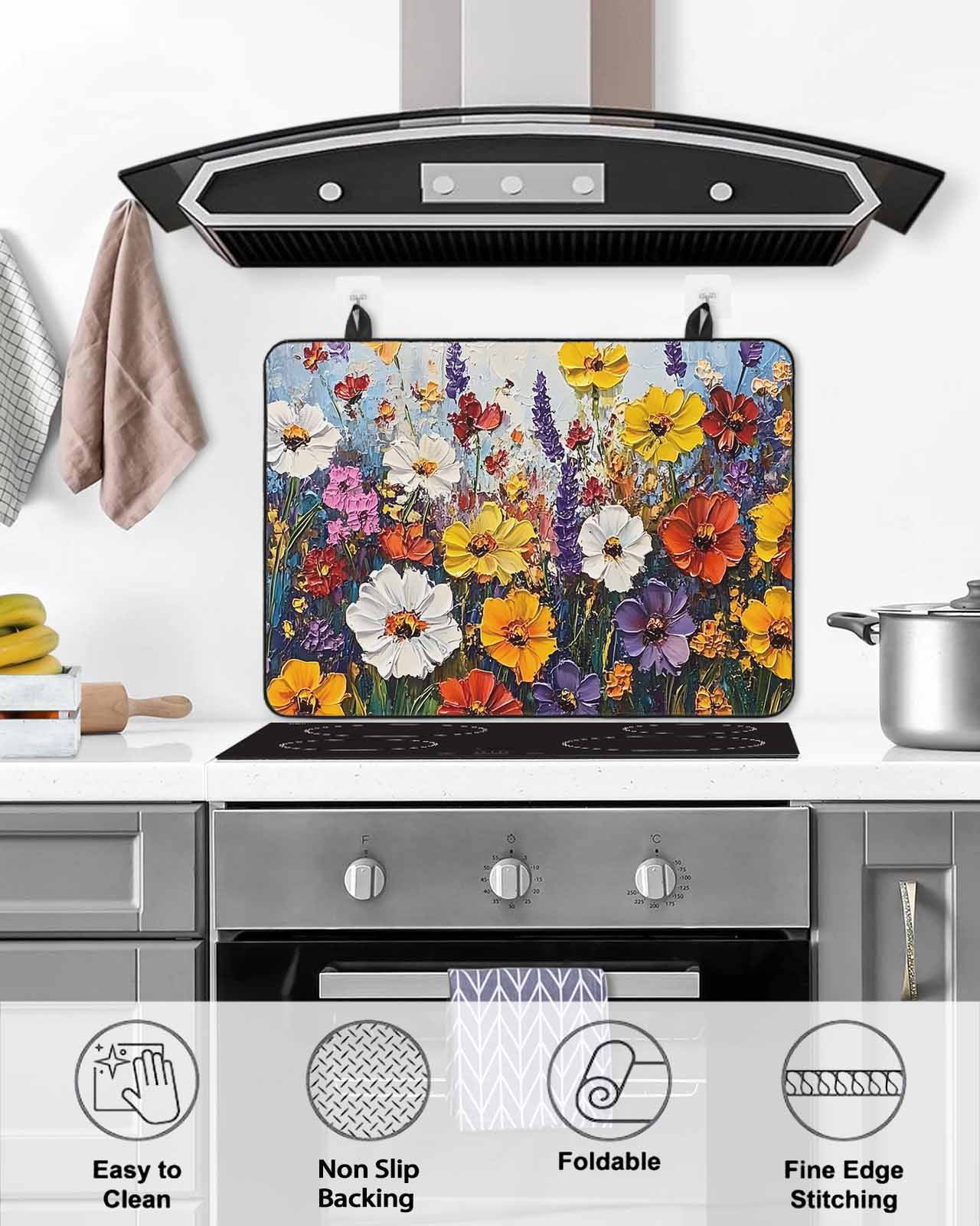 nqOlkjepod Large Induction Cooktop Protector Mat 24"x21", Vintage Wildflowers Stove Top Covers for Electric Stove, Oil Painted Abstract Botanical Stove Burner Cover Mats, Glass Top Stove Cover