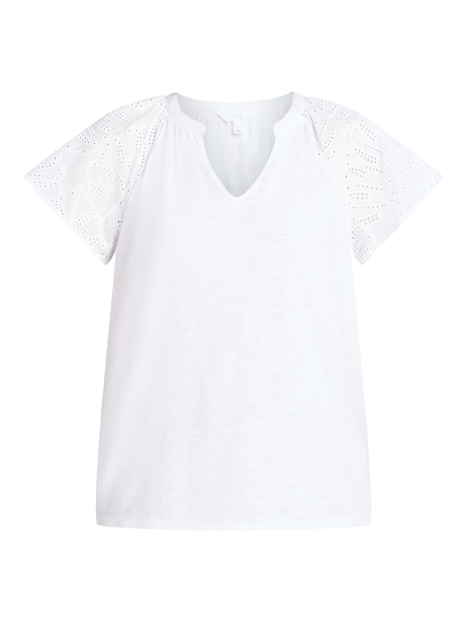 Time Tru Women's Mixed Media Cotton Top with Eyelet Flutter Sleeves, Sizes XS-XXXL