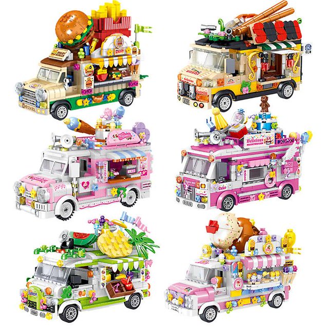 Juguetes de bloques de construcción ensamblados de plástico educativo para niños, camión de comedor, pastel, hamburguesa, helado, juguetes