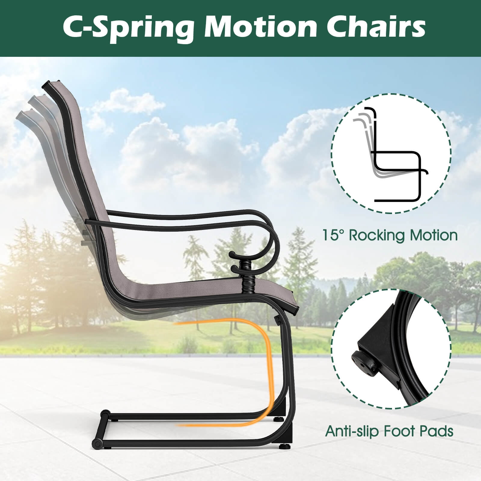 Costway Set of 2 Patio Chairs C-Spring Motion Chairs with Quick-drying & Breathable Fabric Gray