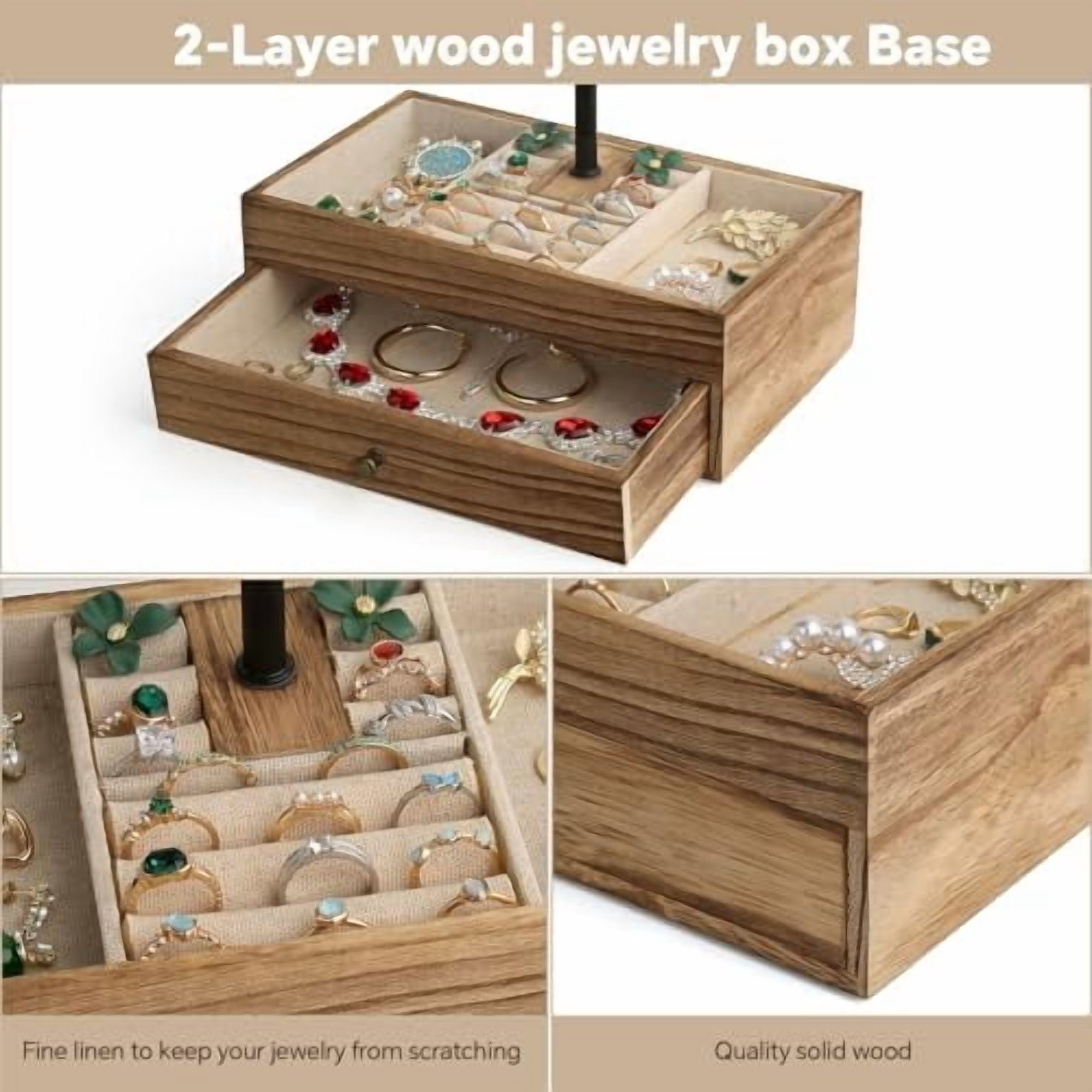 Jewelry Organizer Stand, 3-Tier Necklace Holder Jewelry Tree with Wooden Storage Drawer Box for Necklace Bracelet Earring Ring, Carbonized Black