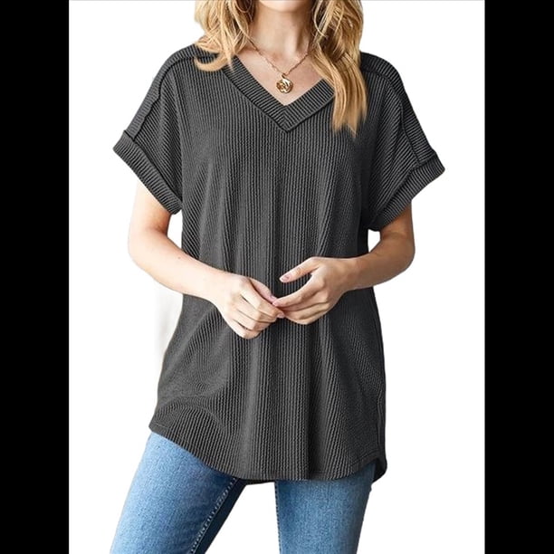 Blusa Informal de Verano para Mujer, de Corta, con Cuello en V, de Punto, Holgada, , Elegante. Gris Oscuro XL