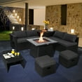 thumbnail image 2 of Patiojoy 9 Pieces Outdoor PE Rattan Wicker Sectional Sofa with 35-Inch Gas Fire Pit Table Space-Saving Patio Conversation Set with Storage Box Grey, 2 of 10