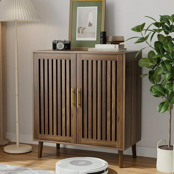 Semiocthome Buffet Cabinet with Storage, 35" Tall Sideboard with 4 Slatted Doors and Adjustable Shelf,  Coffee Bar for Dining Room, Kitchen, Walnut