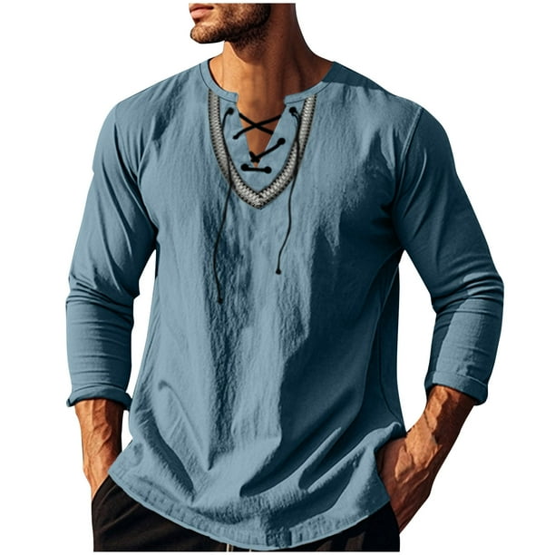 pstuiky camisa de manga larga para hombre, Camiseta informal de manga larga con cuello redondo y bordado, con hombros descubiertos y lazo en el pecho, para hombre salir tops xxl
