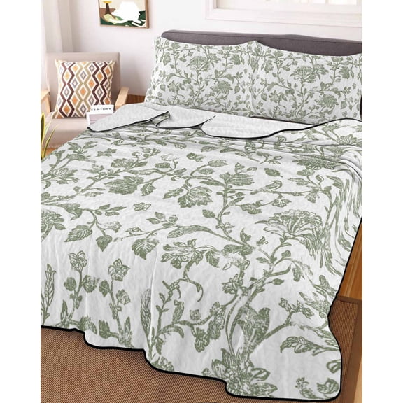 Sage Green Flower Full Size Down Alternative Comforter, Lightweight Comforter Quilt Bedding Set with Pillow Shams Vintage Farmhouse Boho Leaf Spring All Seasons Bed Comforter Duvet Insert 78"x90"
