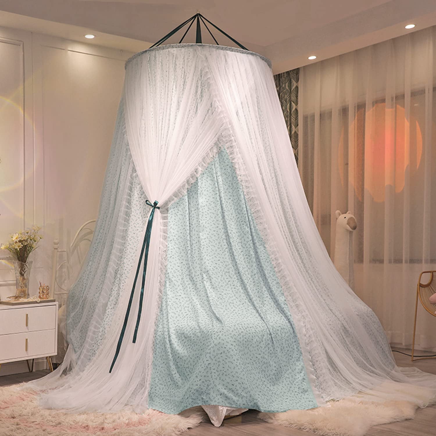 Luxurious Bed Canopy for Girls & Adults, Large Elegant Double Layer Bed Curtain Canopy Drapes, Round Dome Lace Princess Canopies Netting (Fresh)