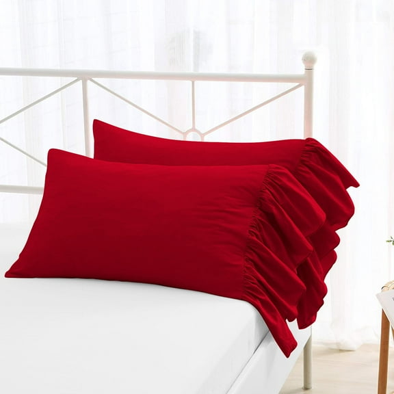 2 Piece Long Ruffles Mermaid Fishtail Pattern Solid Red Pillow Shams, (Standard 20X26 Pillow Cover), 100% Egyptian Cotton, 800 Thread Count, Standard Size