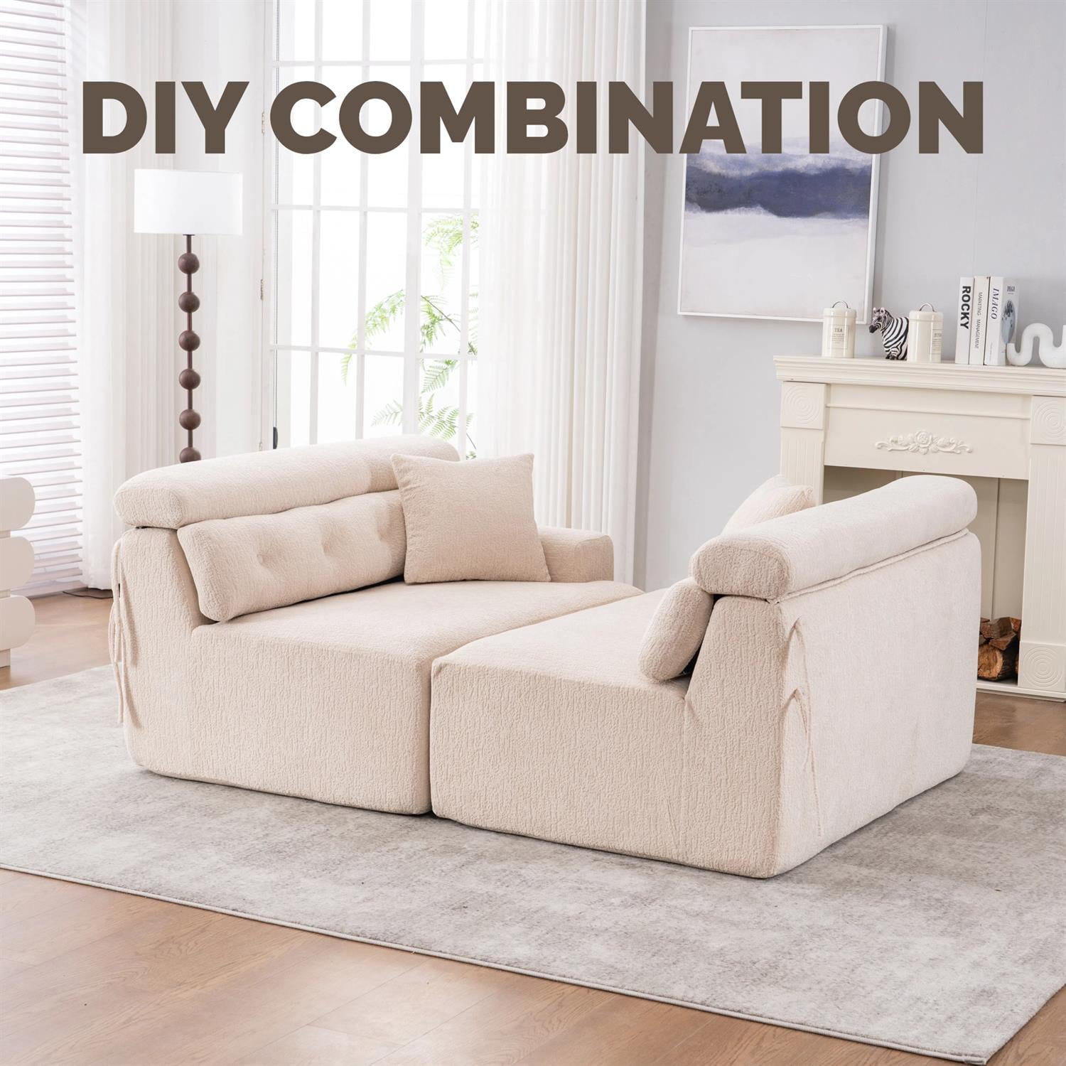 Demi Bonn 103" 4-Seater Compression Sofa Couch with Wood Grain Chenille Fabric, Full Sponge Cushion and 2 Cozy Pillows for Living Room, Beige