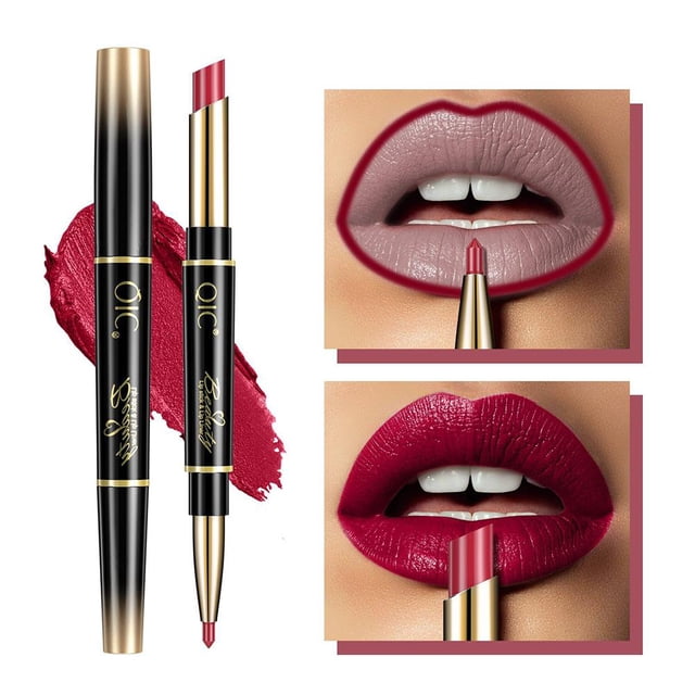 TQEHS Lápiz labial automático de doble punta delineador de labios maquillaje mate que no se decolora resistente al aguaj D1E5