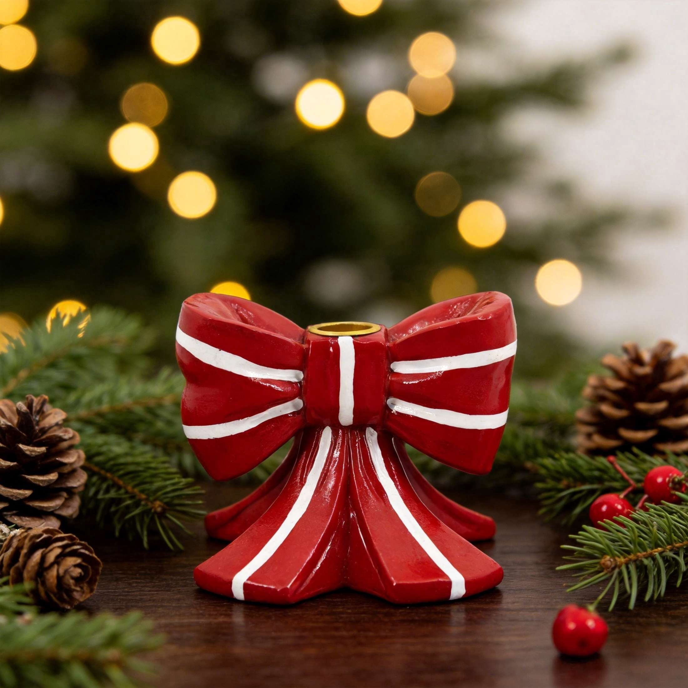 Red and White Resin Bow Christmas Taper Candle Holder, 4.3", by Holiday Time