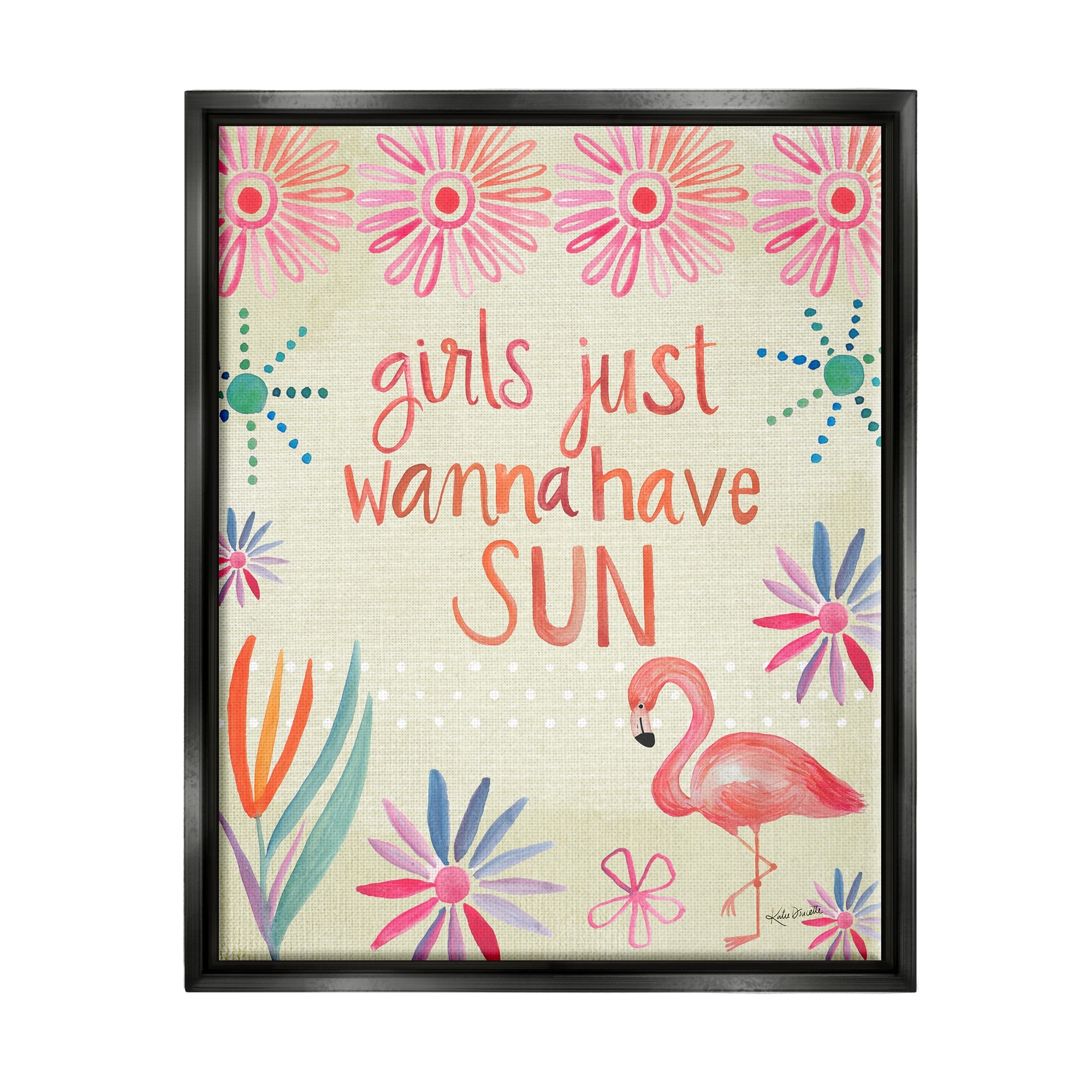 Stupell Industries Girls Wanna Have Sun Tropical Summer Floral Pattern Graphic Art Jet Black Floating Framed Canvas Print Wall Art, Design by Katie Doucette