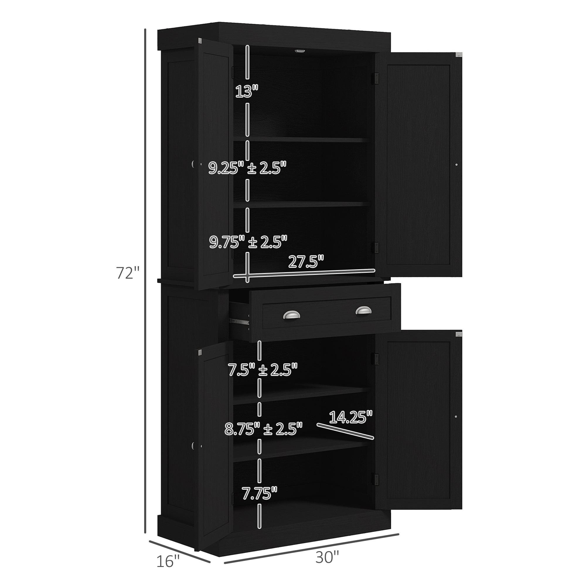 HOMCOM 72.5" Traditional Freestanding Kitchen Pantry Cupboard with 2 Cabinet, Drawer and Adjustable Shelves, Black Wood Grain