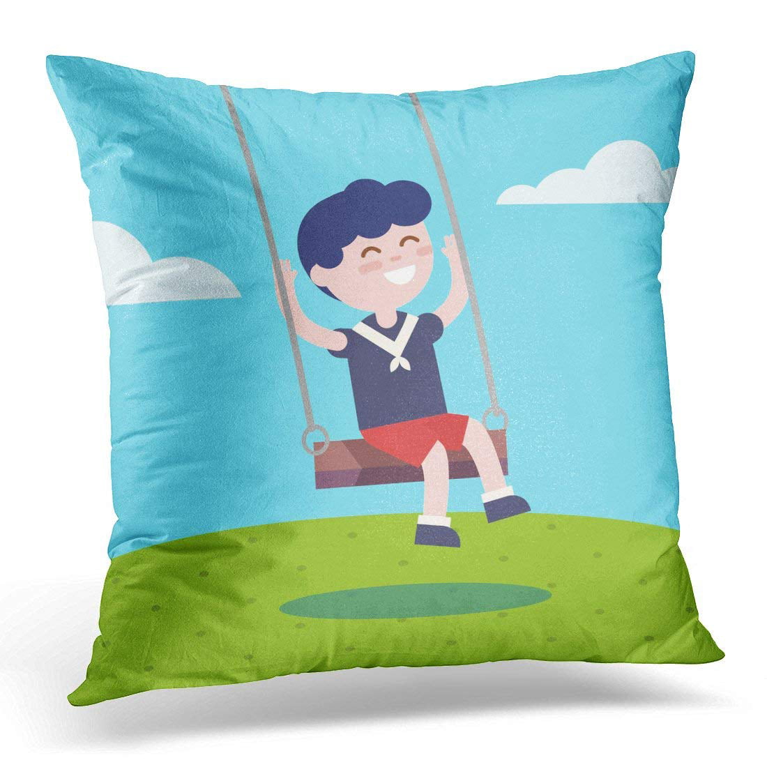 CMFUN Blue Kid Boy Swinging on Rope Swing Modern Flat Clipart Park Pillow Case Pillow Cover 20x20 inch
