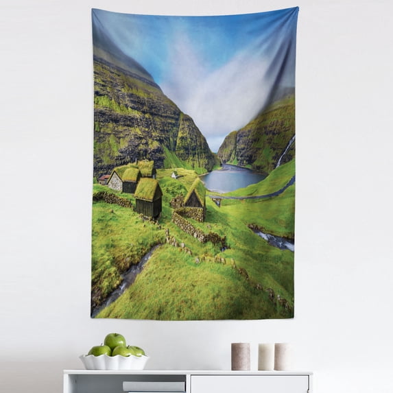 Scenic Summer Tapestry, Saksun Village in Denmark Photo, Fabric Wall Hanging Decor for Bedroom Living Room Dorm, 5 Sizes, Olive Green Azure Blue, by Ambesonne