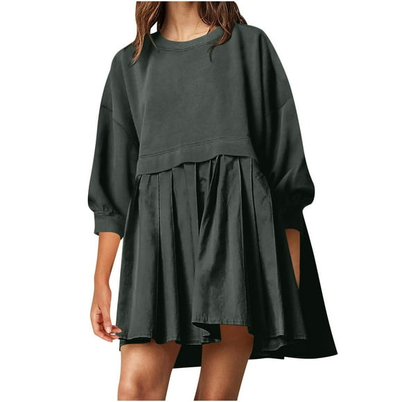Winter Clearance Deals！Dresses for Women 2024 Wedding Guest,Women'S Round Neck 3/4 Sleeve Patchwork Pullover Sports Shirt Mini Skirt Loose Fitting Sanitary Dress,Dark Gray,Xxl
