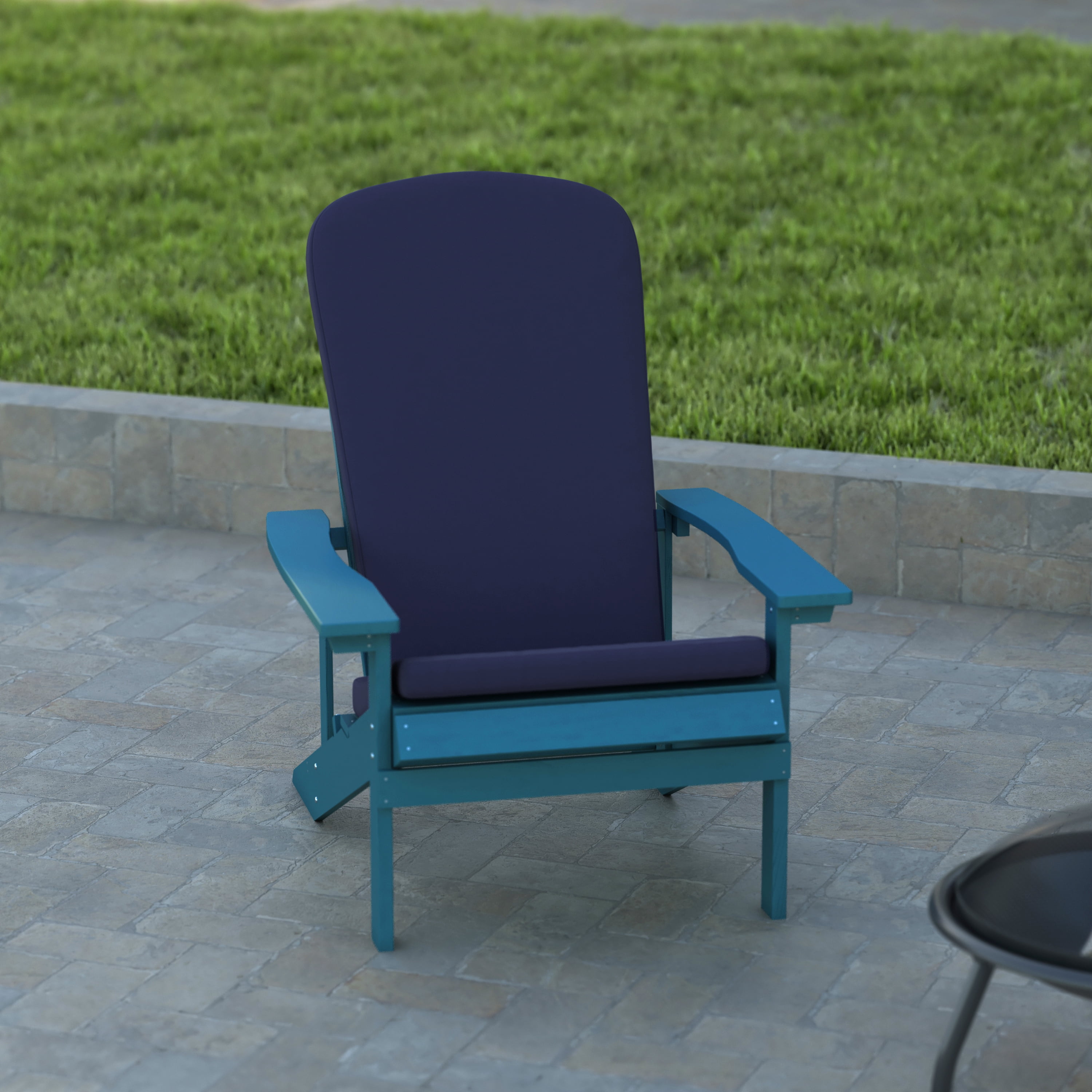 Emma + Oliver Set of Two Blue All-Weather Polyresin Adirondack Chairs with Blue Cushions