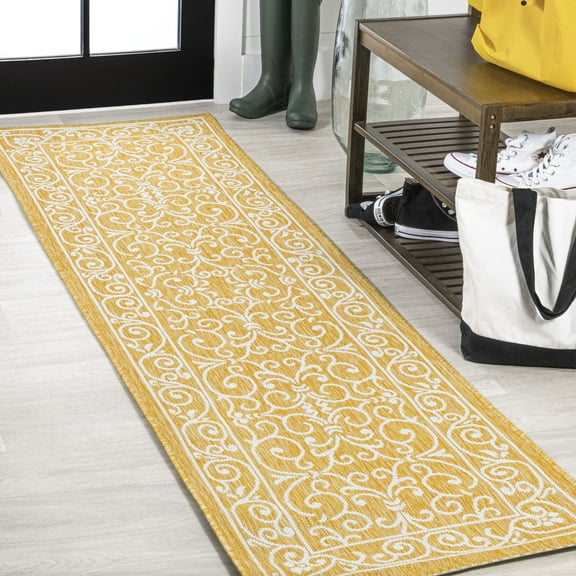 JONATHAN Y SANTA MONICA 2 x 10 Runner Rug, Charleston Vintage Filigree Textured Weave - Yellow/Cream, SMB106L-210