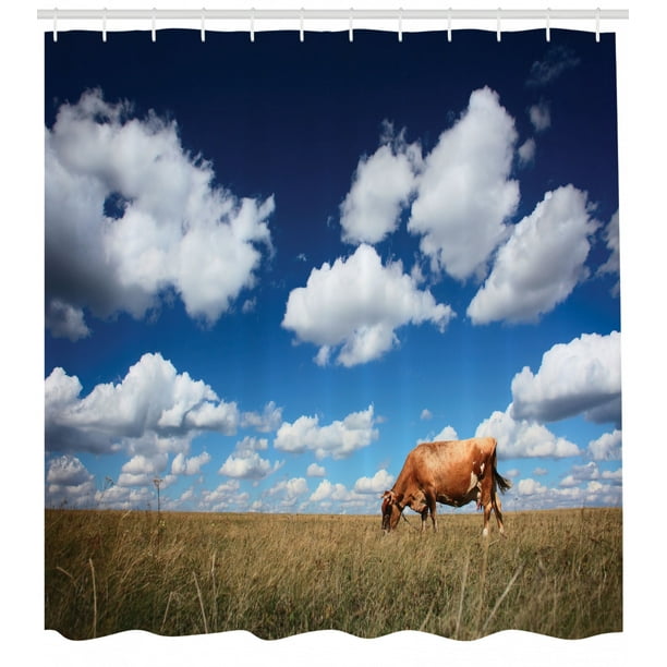 Cattle Shower Curtain Digital Image Of A Cow Feeding On Dry Meadow With Blue Sky And Clouds Background Fabric Bathroom Set Hooks 69w X 70l Inches Multicolor By Ambesonne Com - Cow Shower Curtain Set