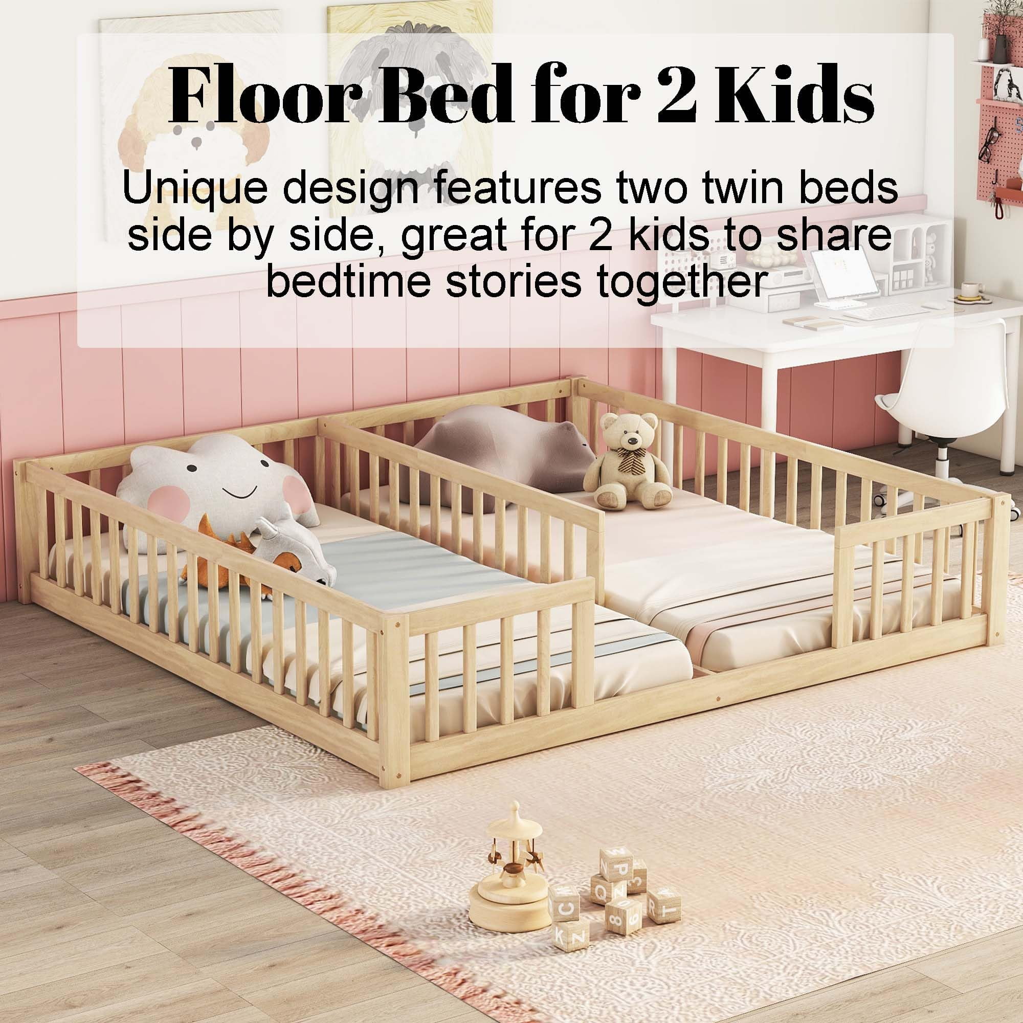 Double Twin Floor Bed, Montessori Bed Frame with Fence, Wooden Double Floor Bed with Guardrails for 2, Box Spring Needed, Natural