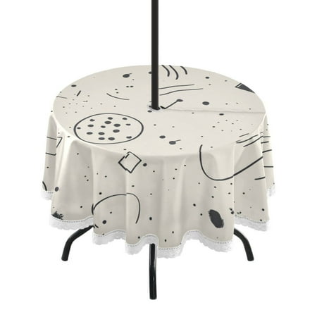 

60 Outdoor Round Tablecloth with Umbrella Hole & White Lace Trim Waterproof Patio Table Cover for Garden Kitchen Dining Hand-drawn Minimalistic Shapes and Lines