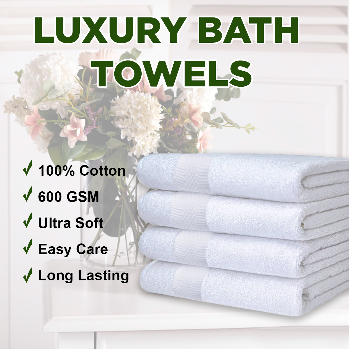 Pacific Linens Luxury 100% Cotton Hotel and Spa Bath Towels, 27 x 54 Inches, 600 GSM, White, 4-Pack