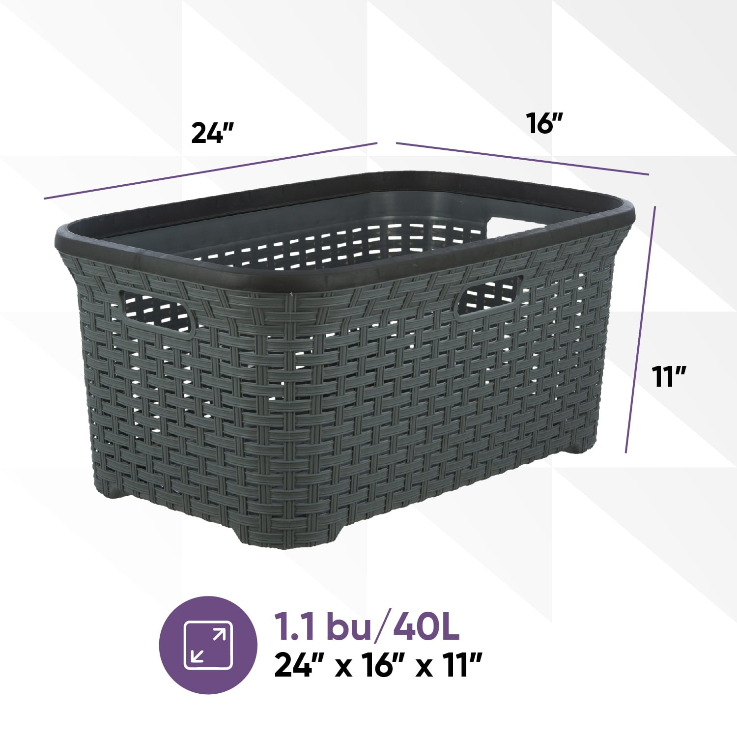 Superio  Large Wicker Laundry Basket with Cutout Carry Handles - Capacity: 50l Grey