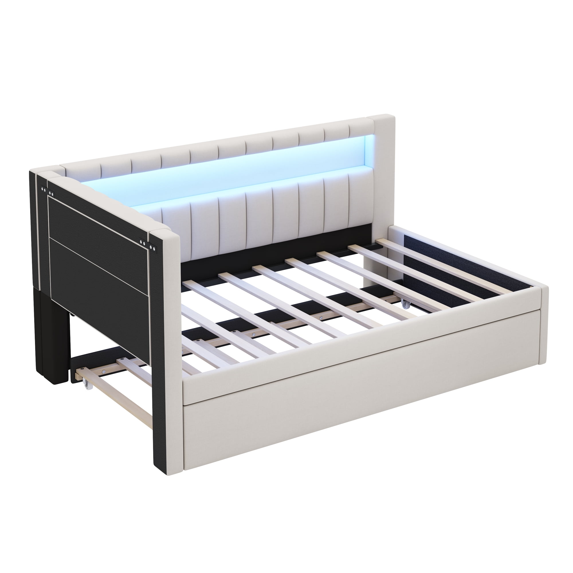 Euroco Upholstered Twin Size Daybed with Trundle, USB Charging Station and LED Light, White