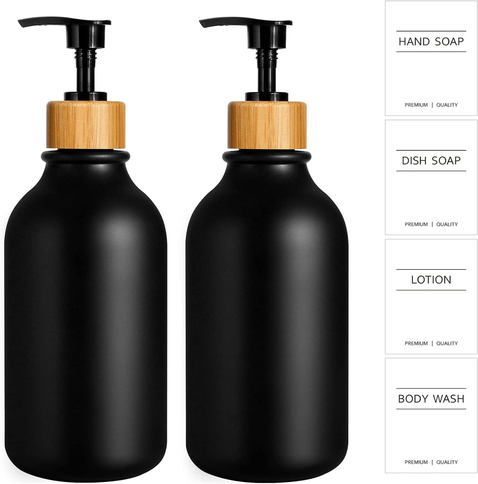 Black Soap Dispenser, 2 Pack Hand Soap Dispenser Bathroom with Bamboo Pump, 15 Oz Plastic Hand and Dish Dispenser Set for Kitchen, Refillable Liquid Soap and Lotion Dispensers Bottle