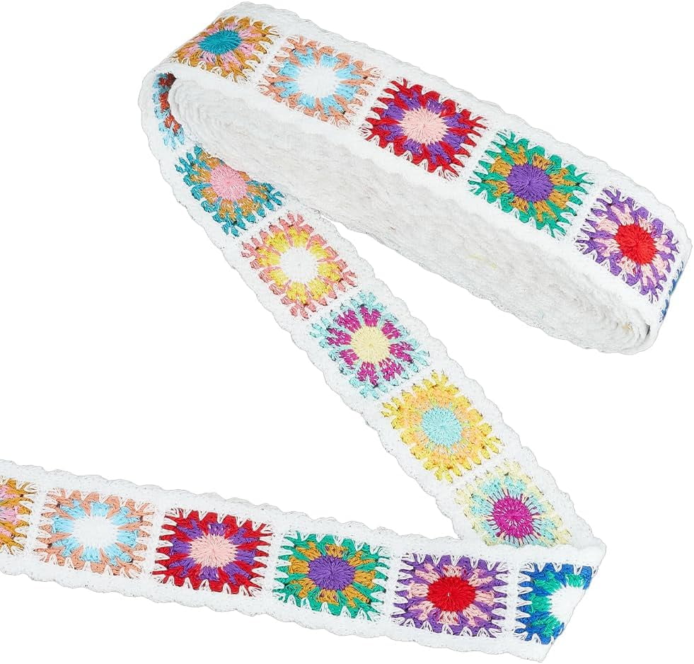 10 Yards Crochet Flower Webbing Strap 2 Inch Black Ethnic Style Webbing Ribbon Polyester Flower Pattern Woven Trim Jacquard Embroidery Webb Straps