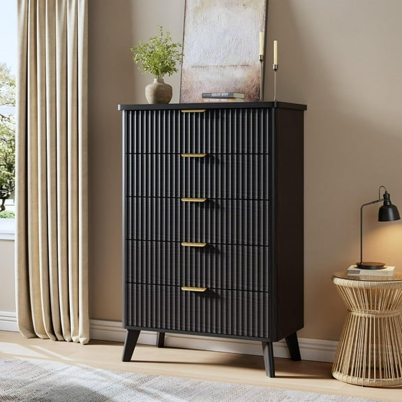 M optimized Fluted Dresser for Bedroom with 5 Deep Drawers, 47.2" Tall Chest of Drawers, Curved Profile Design, Modern Wooden Dresser, for Living Room, Kids Room, Hallway