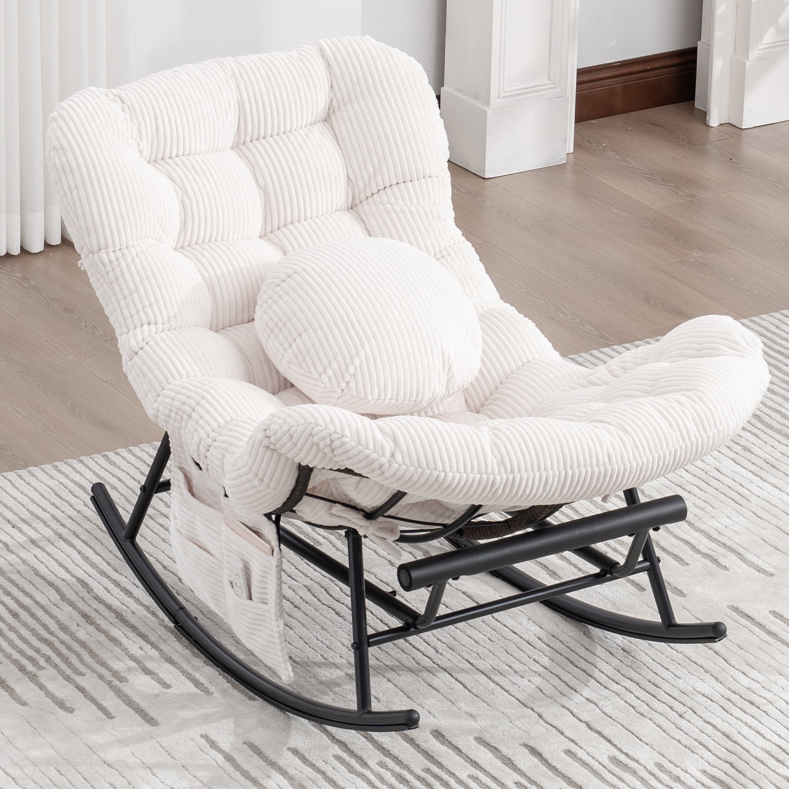 MOONMISS Outdoor Rocking Chair with Footrest, Indoor Oversized Comfort Reading Chair Cover with Cushion, Patio Rocking Chair Lounger,Beige