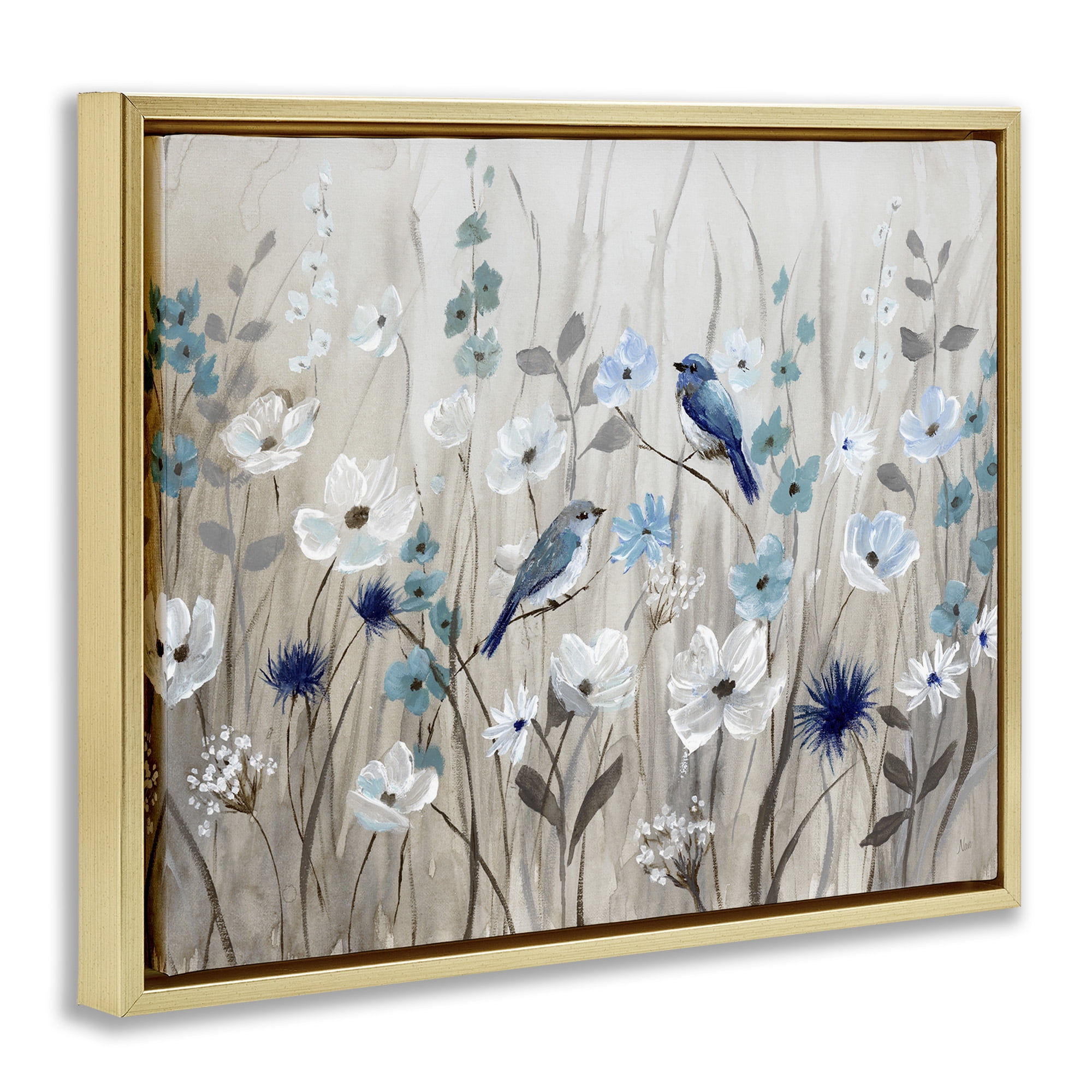 Stupell Industries Birds Floral Meadow Blossoms Botanical & Floral Painting Gold Floater Framed Canvas Art Print Wall Art, 31 x 25