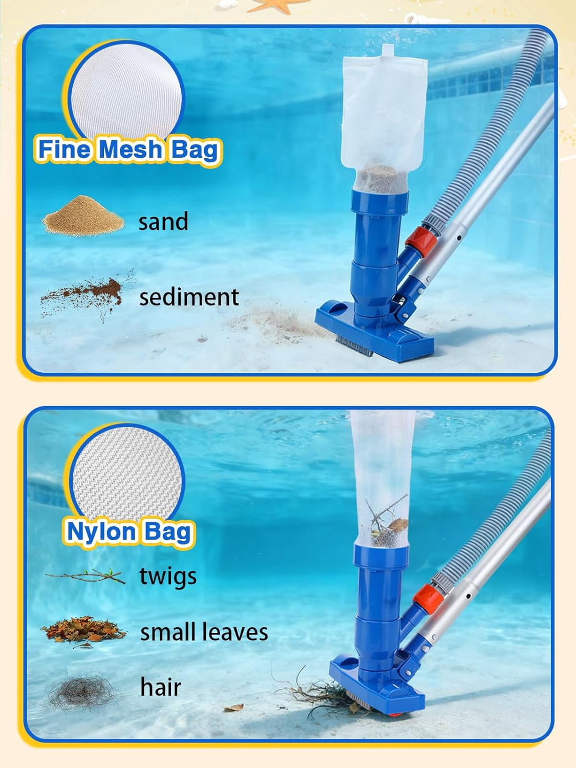 3-in-1 Portable Pool Cleaning Kit for Above Ground Pools - Includes Vacuum Cleaner with Mesh Bags, Brush, Skimmer Nets, 6.2ft Adjustable Pole for Spas, Inflatable or Frame Swimming Pools Maintenance