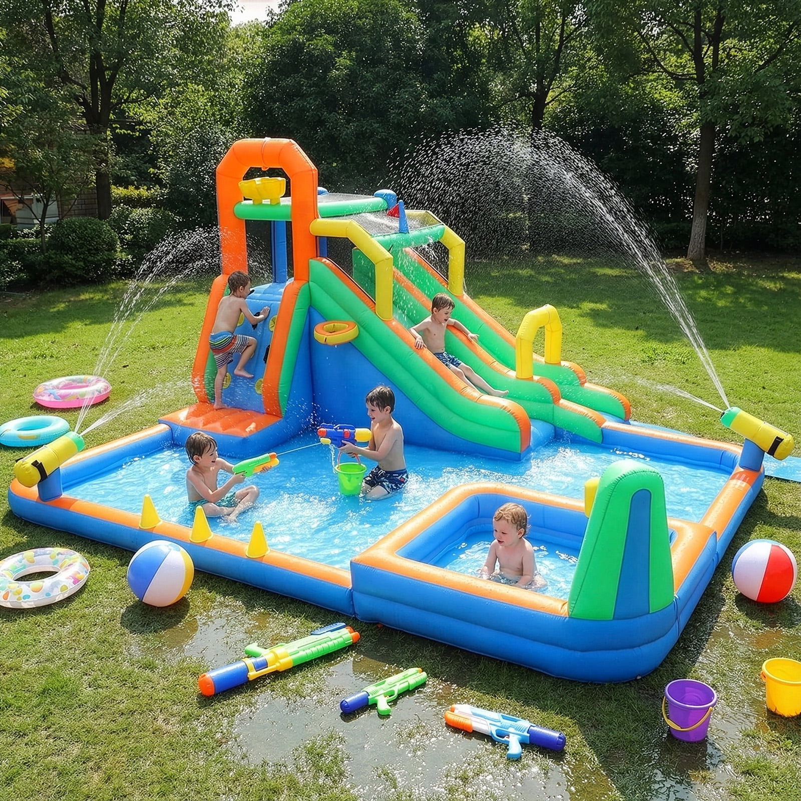 Ktaxon 8-in-1 Inflatable Water Slide Bounce House with Blower, 197" x 179" x 98", Dual Slides Water Park, Wading Pool & Water Dump Bucket for Kids Backyard
