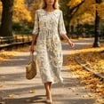 thumbnail image 6 of VBVC Women's and Women's Plus 3/4 Sleeve Midi Dress, Summer Casual Crew Neck Dress For Women, Ladies' Loose Fit Floral Dress with Pockets,Beige,S-5XL, 6 of 8