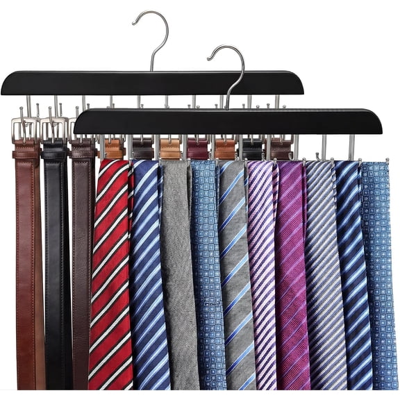 2 Pack Tie Rack and Belt Hanger 40 Hooks 360 Swivel Foldable Wooden Closet Rod Organizer Space Saving for Ties Belts Hats Bras Tank Tops Black