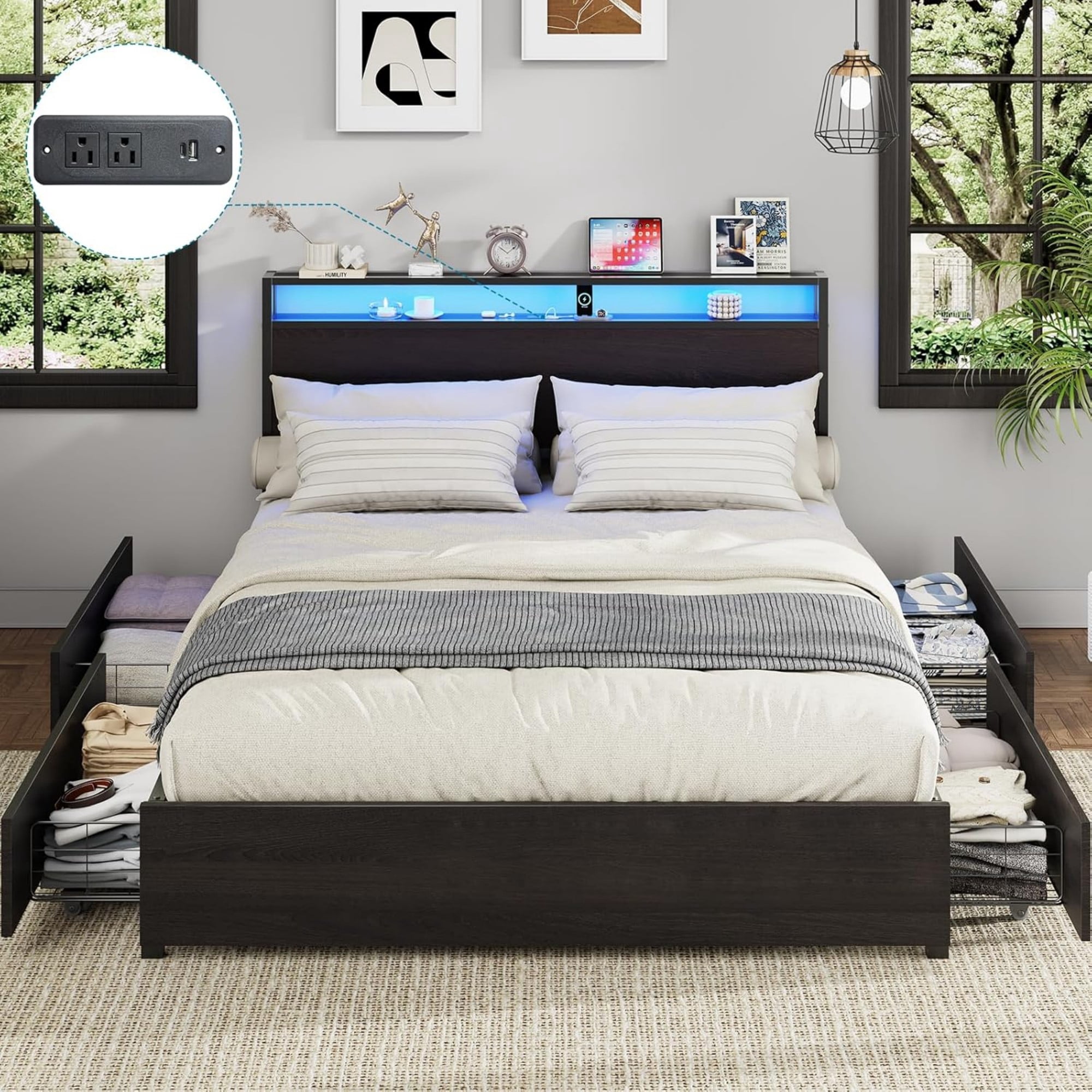 AENKYO Full Size Bed Frame with LED Lights, Storage Headboard & 4 Drawers, Built-in Charging Station, Antique Black