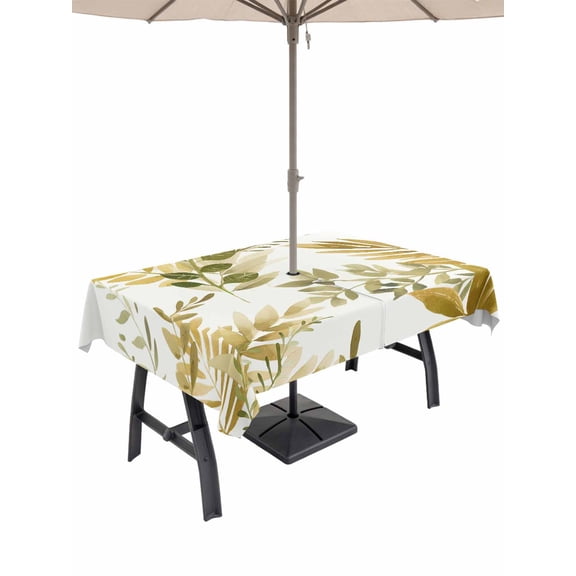 Outdoor Tablecloths with Umbrella Hole & Zipper, Brown Green Leaves Tablecloth Rectangle 60x84 Inch, Summer Botanical Farmhouse Watercolor Leaf Waterproof Table Cloth, Patio/Pool/Picnic Table Covers