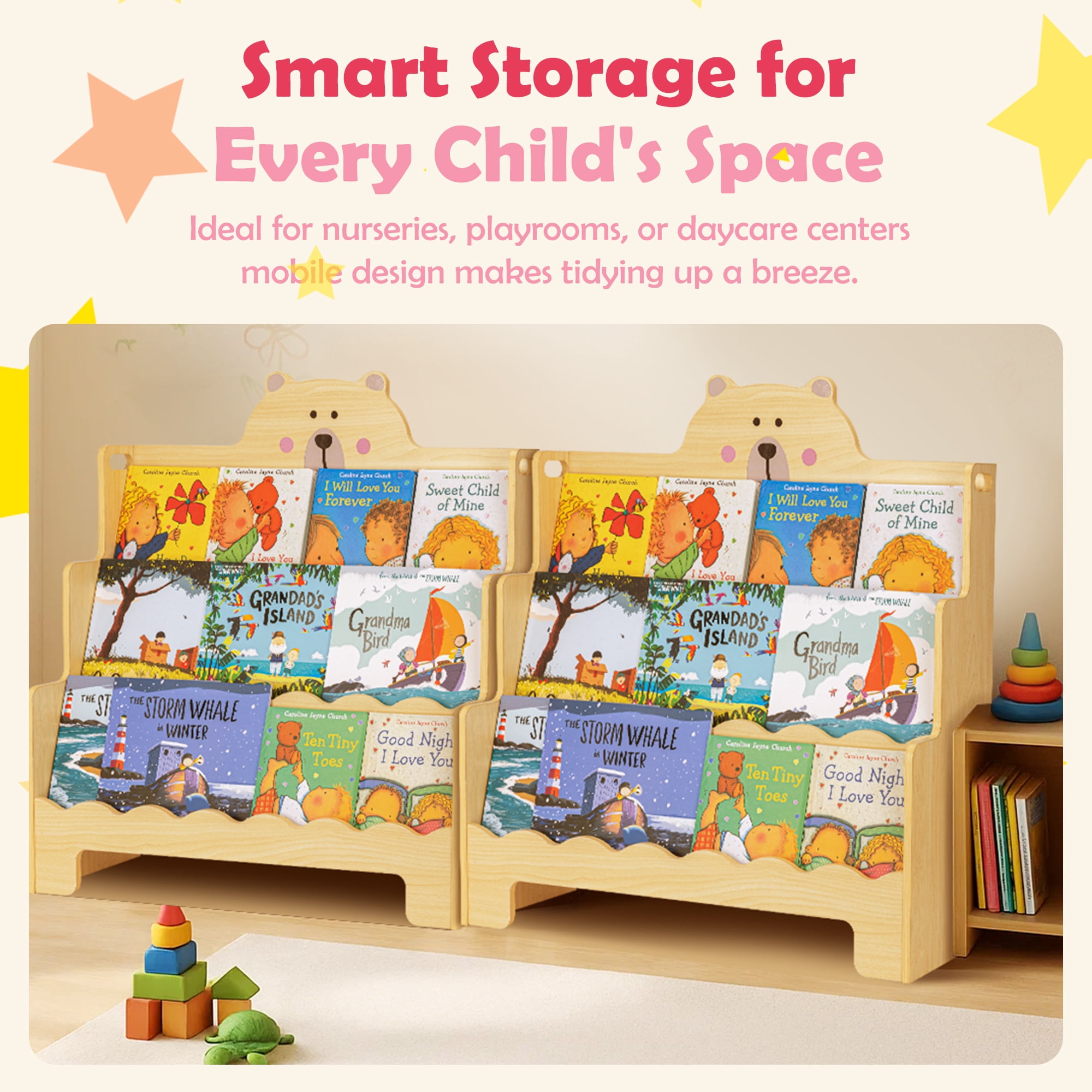 Kids Wooden 3-Tier Bookshelf with Scalloped Edges, Front-Facing Book Display, Montessori Toddler Book Rack & Book Shelves for Kids Room, Nursery, Bedroom, Classroom