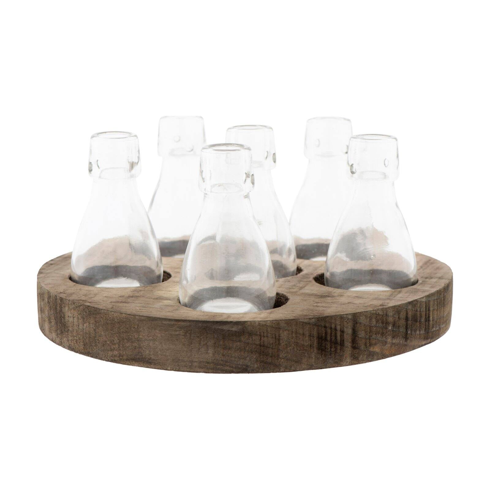3R Studios Round Wood Tray with 6 Clear Glass Vases