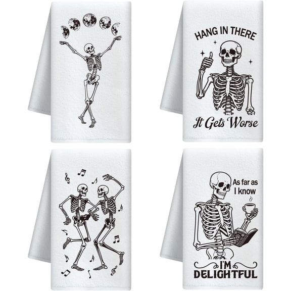 Funny Decorative Kitchen Towels Set of 4 Soft Absorbent Microfiber Dish Towel for Kitchen Tea Coffee Bar Home Best Gift for Housewarming Christmas Thanksgiving Birthday diy Skeleton