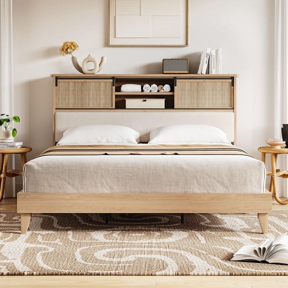 Rattan King Bed Frame with Headboard,Charging Station & Storage Shelves,Boho Rattan Bed King Size with Sliding Barn Door,Wood King Bed Foundation with Silent Slats&No Box Spring Needed,ship in 2 boxes