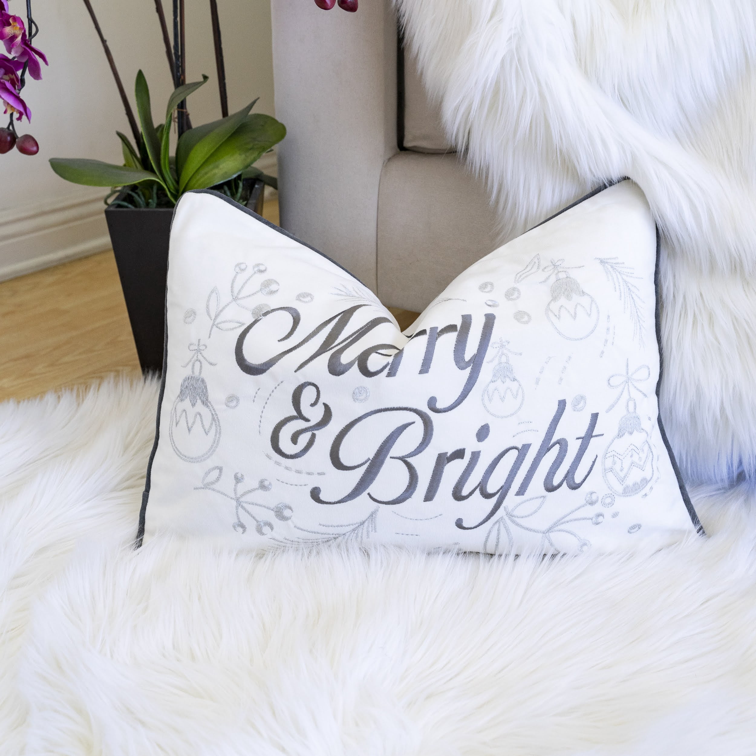 Merry Bright Gray Embroidered Graphic Polyester 14 in. x 20 in. Decorative Throw Pillow